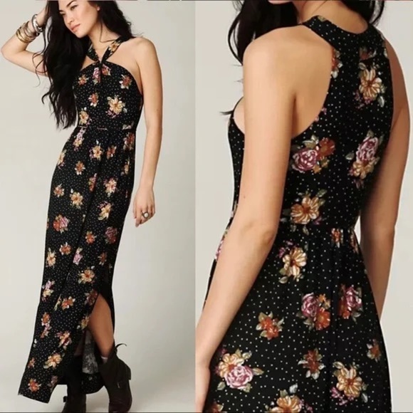 Free People Black Halter Neck Polka Dot Floral Maxi Dress - Picture 1 of 10